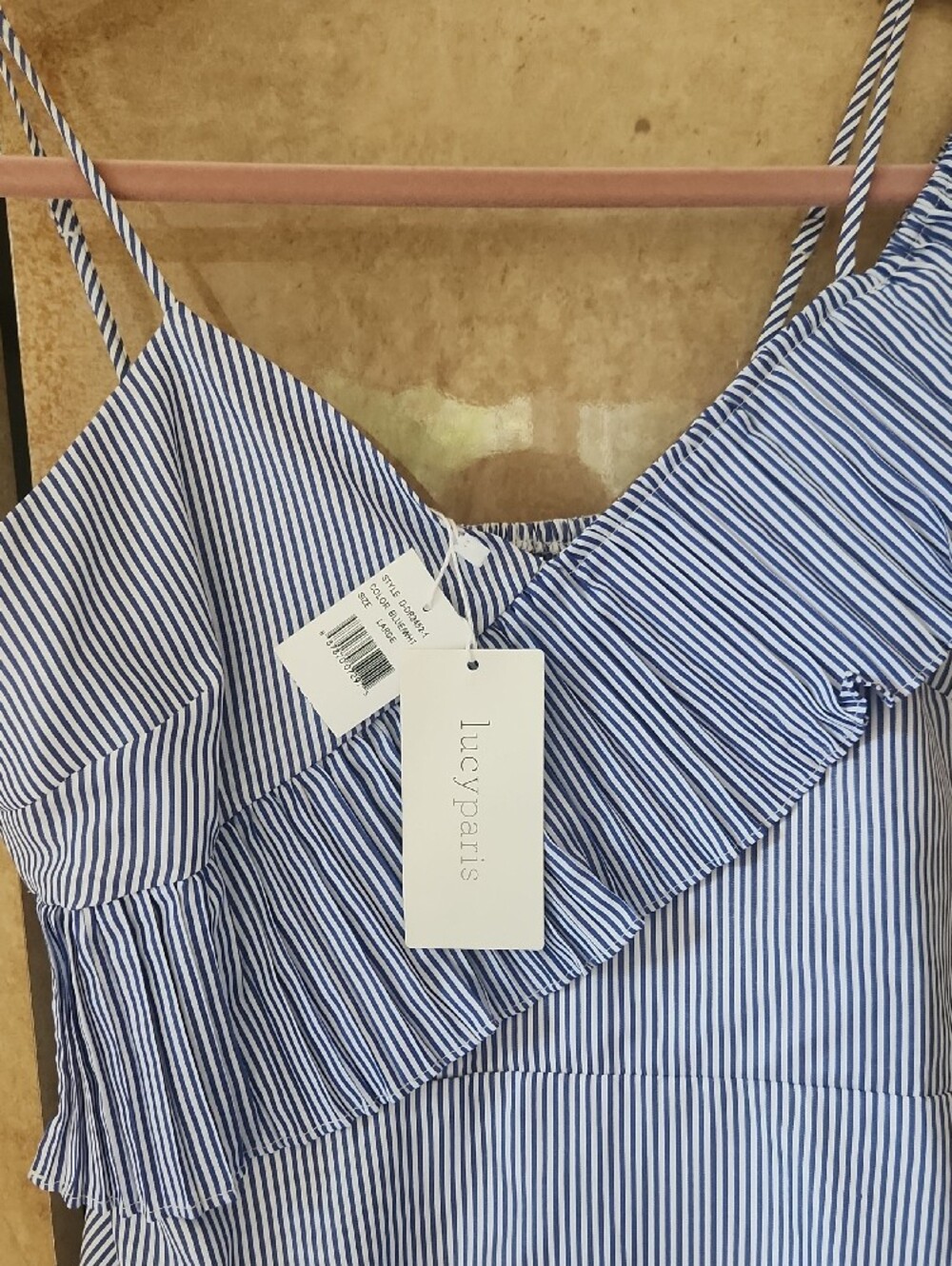 SALE-NWT- Lucy Paris Blue and White Striped One-Shoulder Ruffle Dress - Picture 2 of 7